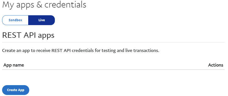 App credentials for PayPal